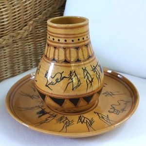 MZILIKAZI Handmade Hand-Painted Zimbabe Pottery Plate & Vase Tan & Black
